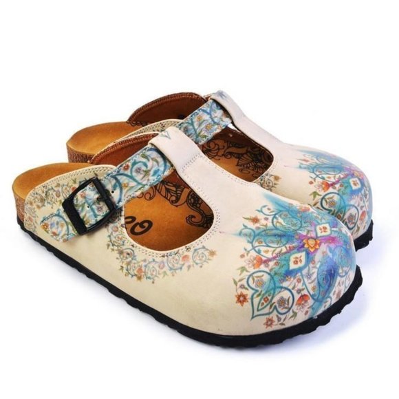 Goby Shoes - SOLD OUT - Goby Shoes - White & Blue Floral T-Strap Mule